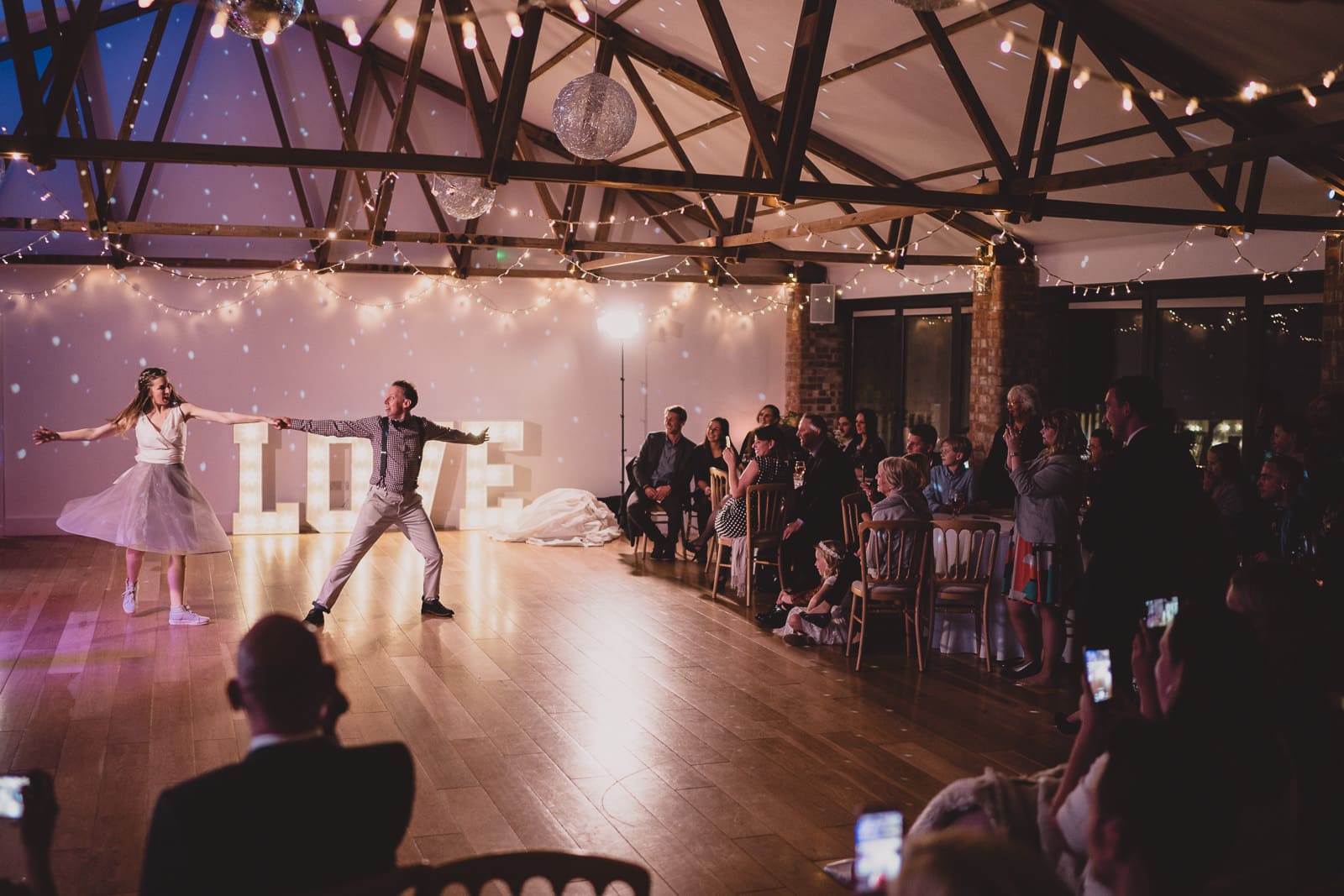 An extravagant first dance in The Red Brick Barn at The Green in Liskeard.